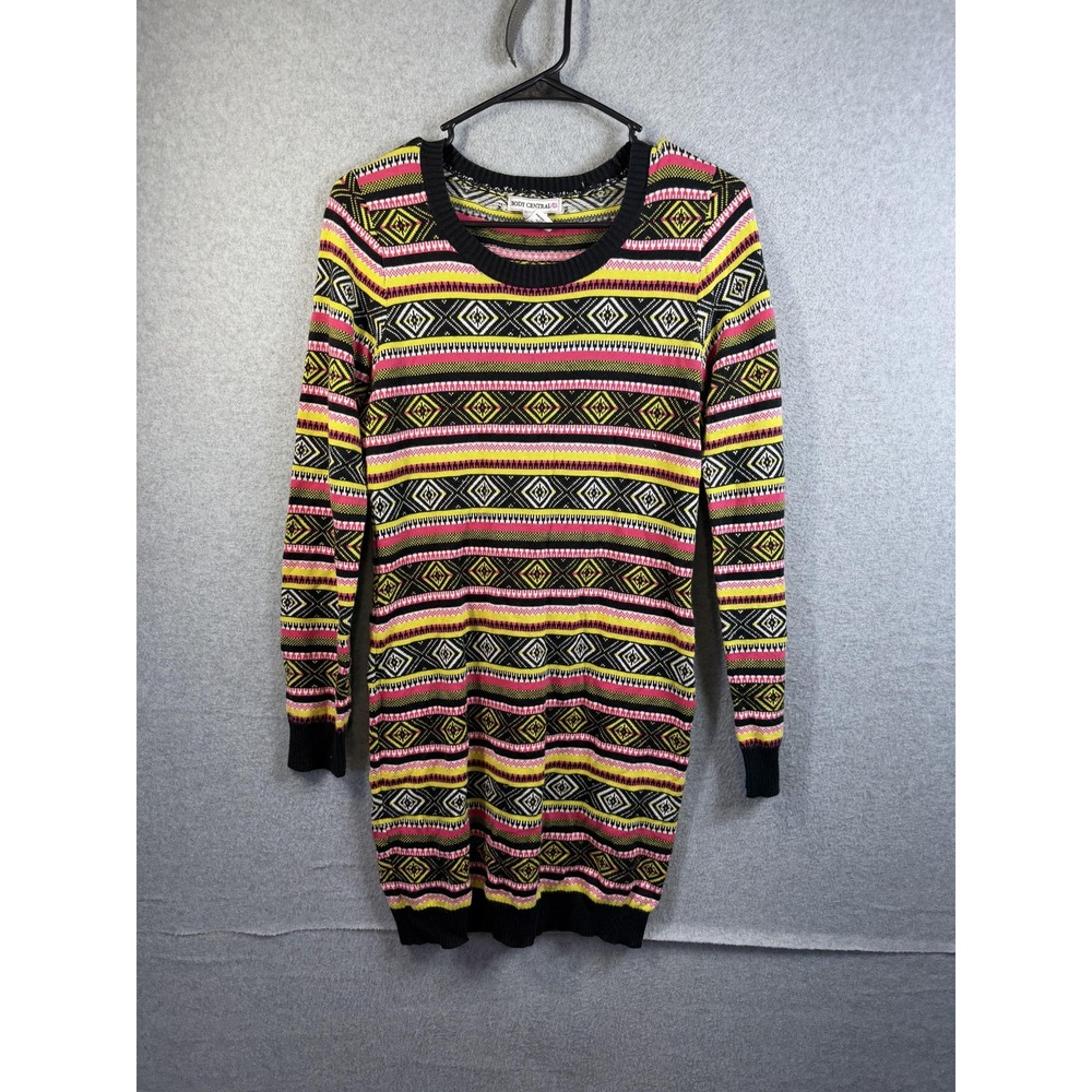 Body Central Sweater Womens Medium Multicolor Geometric Knit Tunic Long Sleeve